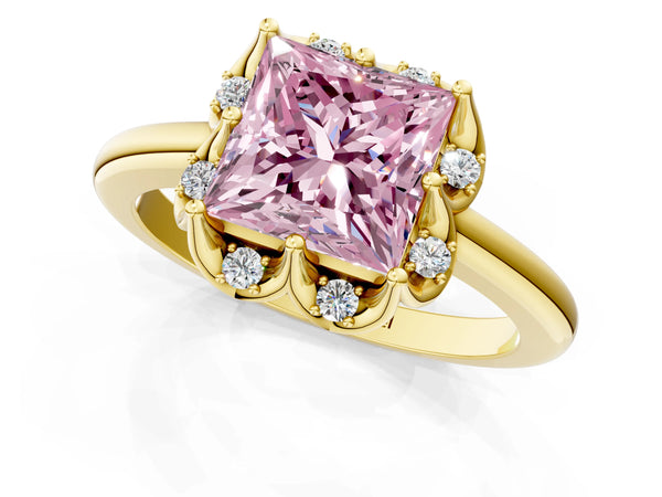 Yellow gold Fancy Pink Princess  Halo Diamond Ring with Round Cluster Setting, Solitaire Band, and Four-Prong Setting