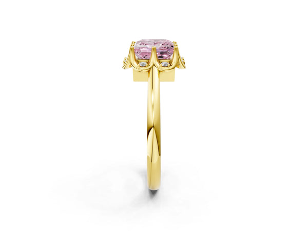 Yellow gold Fancy Pink Princess  Halo Diamond Ring with Round Cluster Setting, Solitaire Band, and Four-Prong Setting