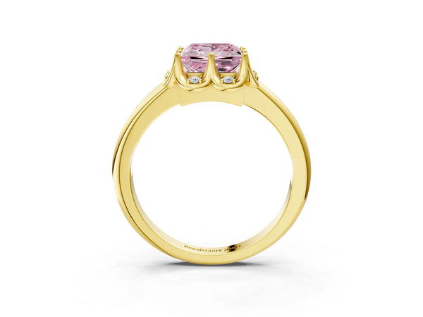 Yellow gold Fancy Pink Princess  Halo Diamond Ring with Round Cluster Setting, Solitaire Band, and Four-Prong Setting