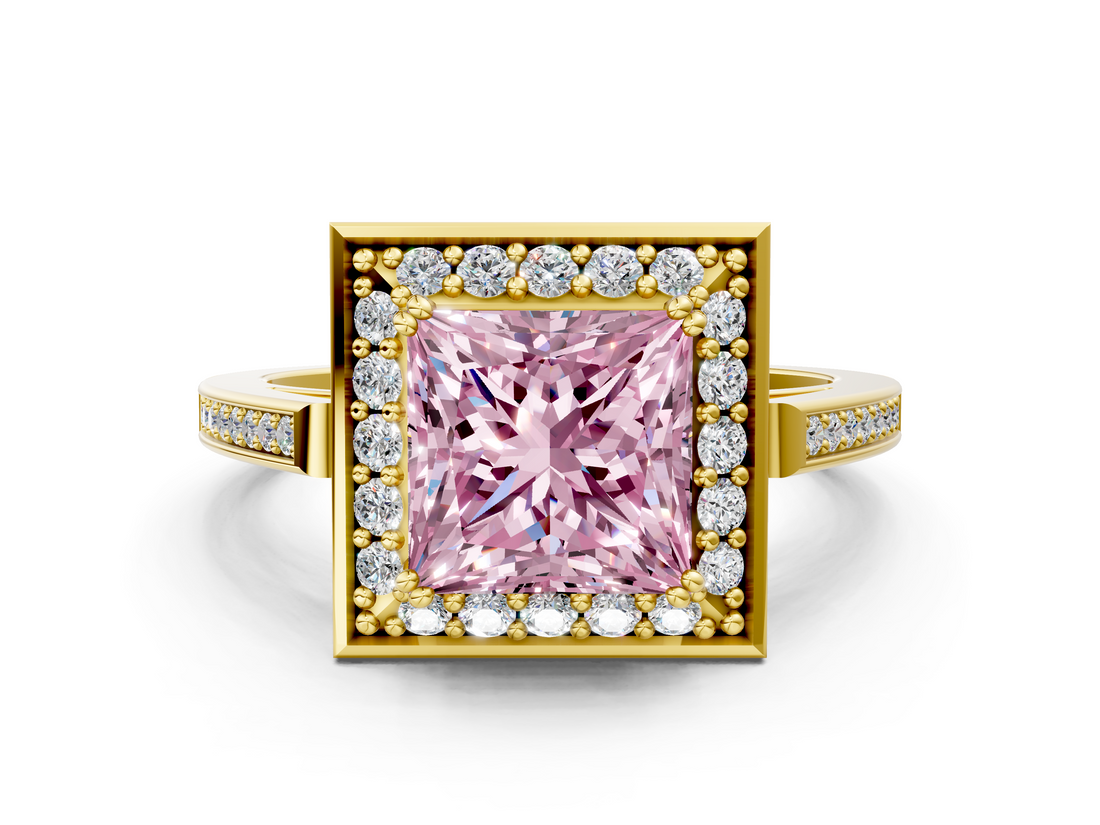 Yellow gold Fancy Pink Princess  Halo Diamond Ring with Split Shank and Four-Prong Setting