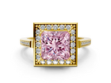 Yellow gold Fancy Pink Princess  Halo Diamond Ring with Split Shank and Four-Prong Setting
