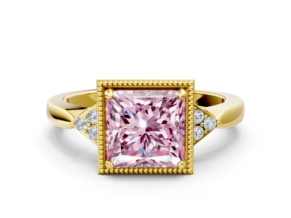 Yellow gold Fancy Pink Princess  Halo Diamond Ring with Tapered Band and Four-Prong Setting_7