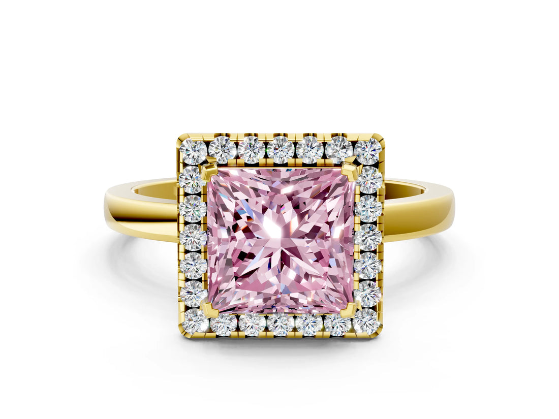Yellow gold Fancy Pink Princess  Halo Diamond Solitaire with Pavé Band and Four-Prong Setting_16