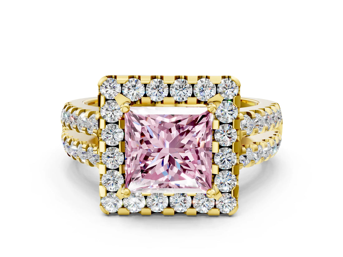 Yellow gold Fancy Pink Princess  Halo Diamond Split Shank Engagement Ring with Prong Setting_63