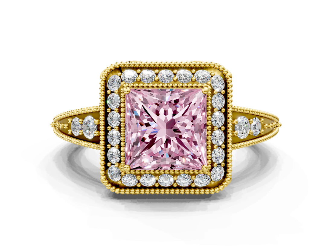 Yellow gold Fancy Pink Princess  Halo Diamond Split Shank Ring with Milgrain Detail_28