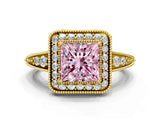 Yellow gold Fancy Pink Princess  Halo Diamond Split Shank Ring with Milgrain Detail_28