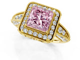 Yellow gold Fancy Pink Princess  Halo Diamond Split Shank Ring with Milgrain Detail_29