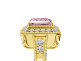 Yellow gold Fancy Pink Princess  Halo Diamond Split Shank Ring with Milgrain Detail_33