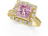Yellow gold Fancy Pink Princess  Halo Milgrain Pave Diamond Ring with Four-Prong Setting 1