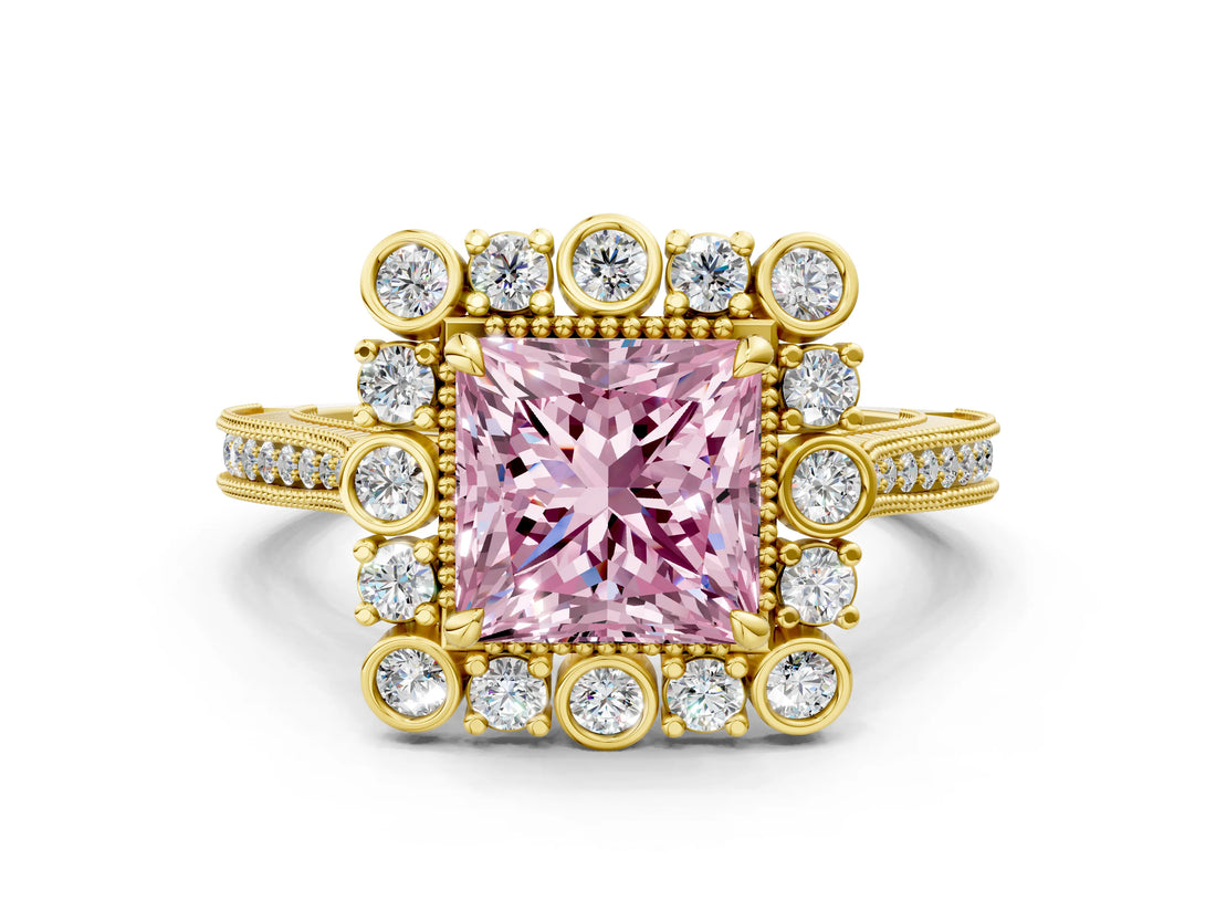Yellow gold Fancy Pink Princess  Halo Milgrain Pave Diamond Ring with Four-Prong Setting