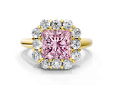 Yellow gold Fancy Pink Princess  Halo Milgrain Solitaire with Bezel Set Side Stones and Pave Band_33