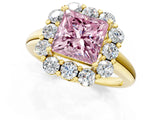 Yellow gold Fancy Pink Princess  Halo Milgrain Solitaire with Bezel Set Side Stones and Pave Band_34