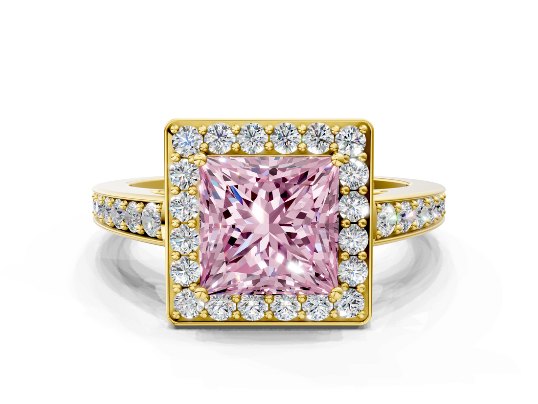 Yellow gold Fancy Pink Princess  Halo Pavé Diamond Engagement Ring with Bezel Setting