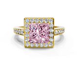 Yellow gold Fancy Pink Princess  Halo Pavé Diamond Engagement Ring with Bezel Setting