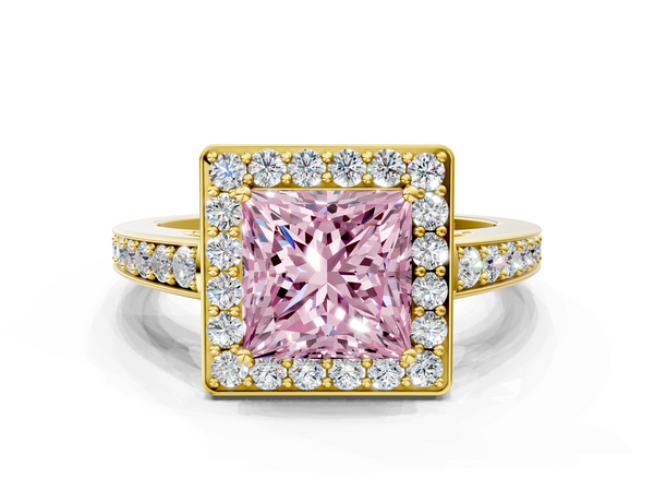 Yellow gold Fancy Pink Princess  Halo Pavé Diamond Engagement Ring with Bezel Setting