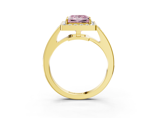 Yellow gold Fancy Pink Princess  Halo Pavé Diamond Engagement Ring with Bezel Setting