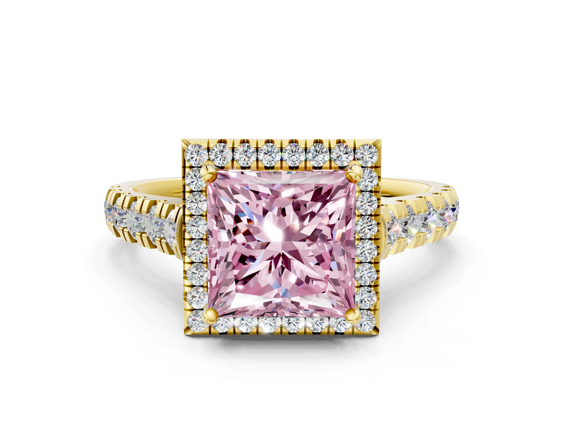 Yellow gold Fancy Pink Princess  Halo Pavé Diamond Engagement Ring with Four-Prong Setting_26