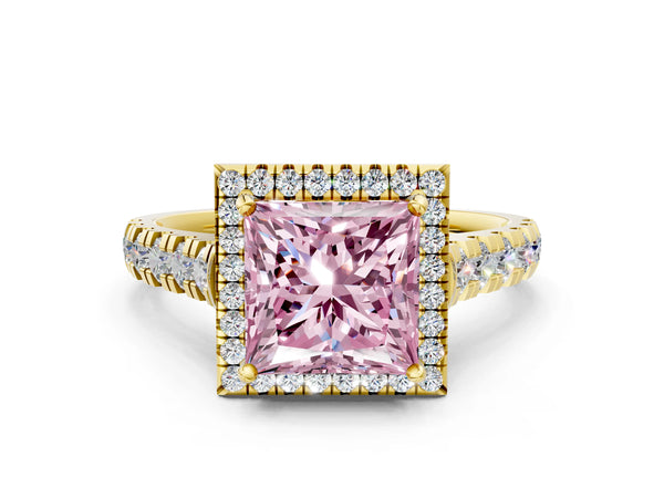 Yellow gold Fancy Pink Princess  Halo Pavé Diamond Engagement Ring with Four-Prong Setting