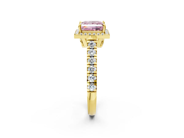 Yellow gold Fancy Pink Princess  Halo Pavé Diamond Engagement Ring with Four-Prong Setting