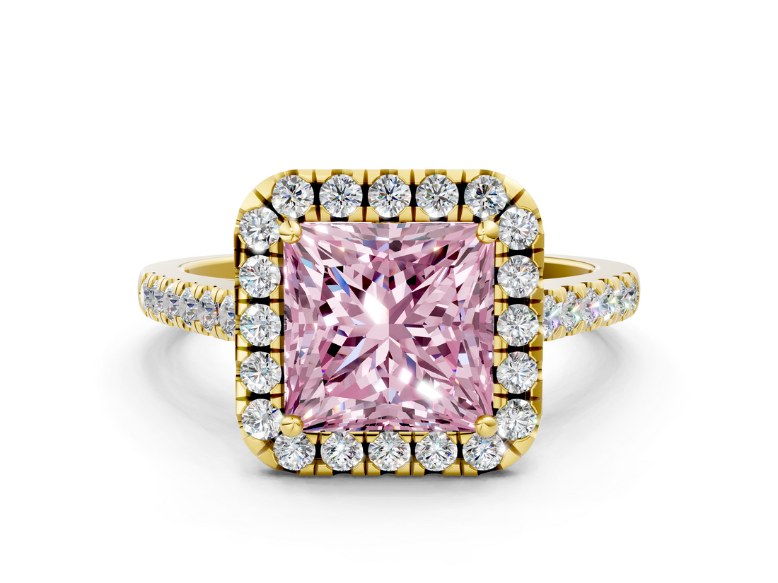 Yellow gold Fancy Pink Princess  Halo Pavé Diamond Engagement Ring with Four-Prong Setting_3