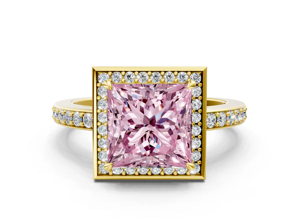 Yellow gold Fancy Pink Princess  Halo Pave Band Solitaire Ring with Prong Setting