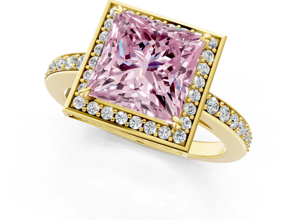 Yellow gold Fancy Pink Princess  Halo Pave Band Solitaire Ring with Prong Setting