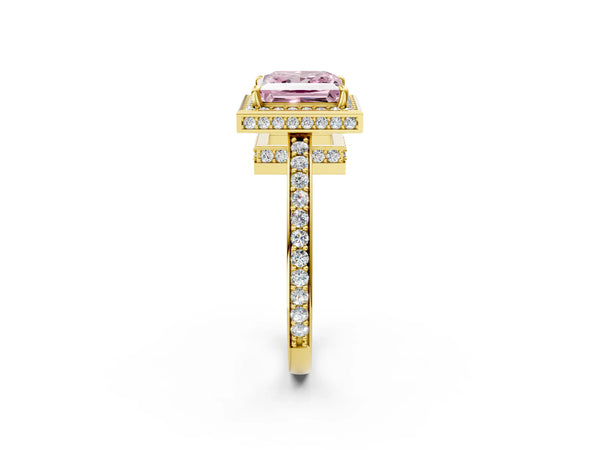 Yellow gold Fancy Pink Princess  Halo Pave Band Solitaire Ring with Prong Setting