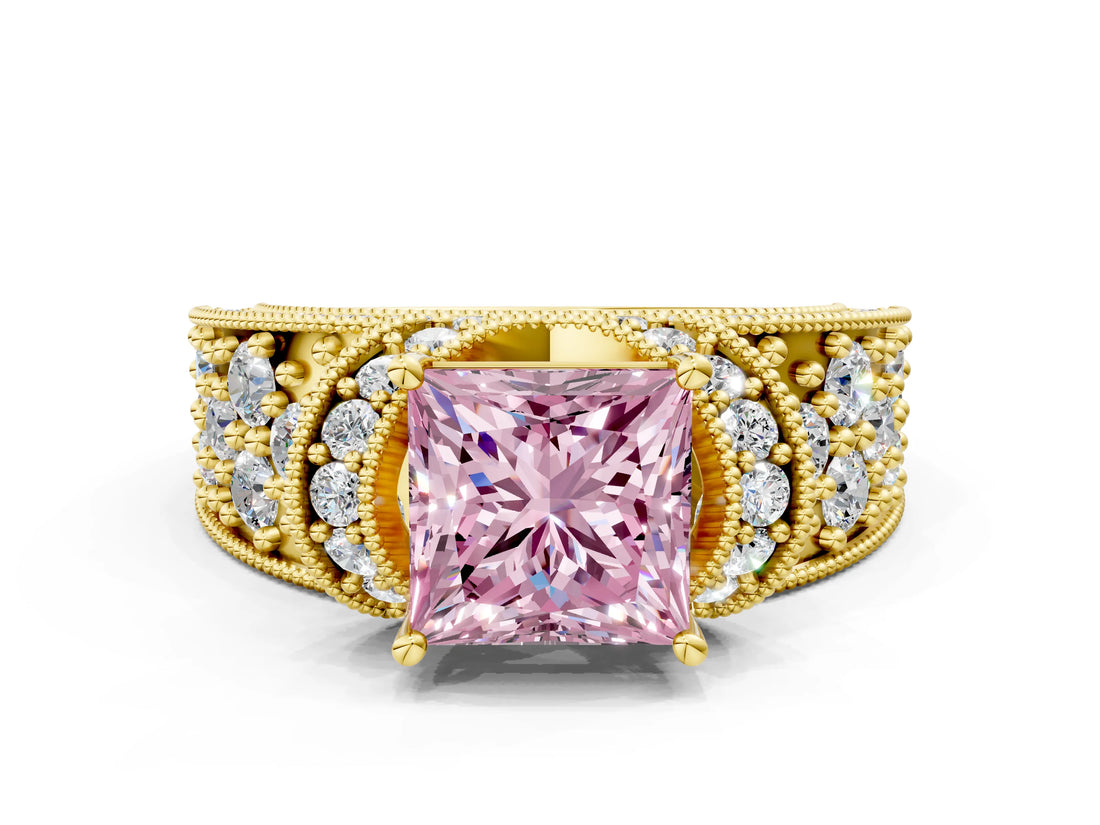 Yellow gold Fancy Pink Princess  Halo Pave Diamond Engagement Ring with Milgrain Detailing_29