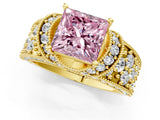 Yellow gold Fancy Pink Princess  Halo Pave Diamond Engagement Ring with Milgrain Detailing_30