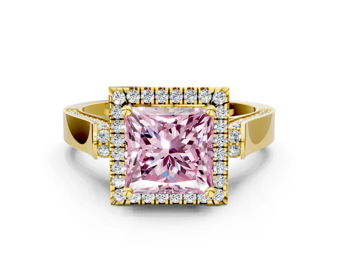 Yellow gold Fancy Pink Princess  Halo Pave Split Shank Prong Setting Ring_63