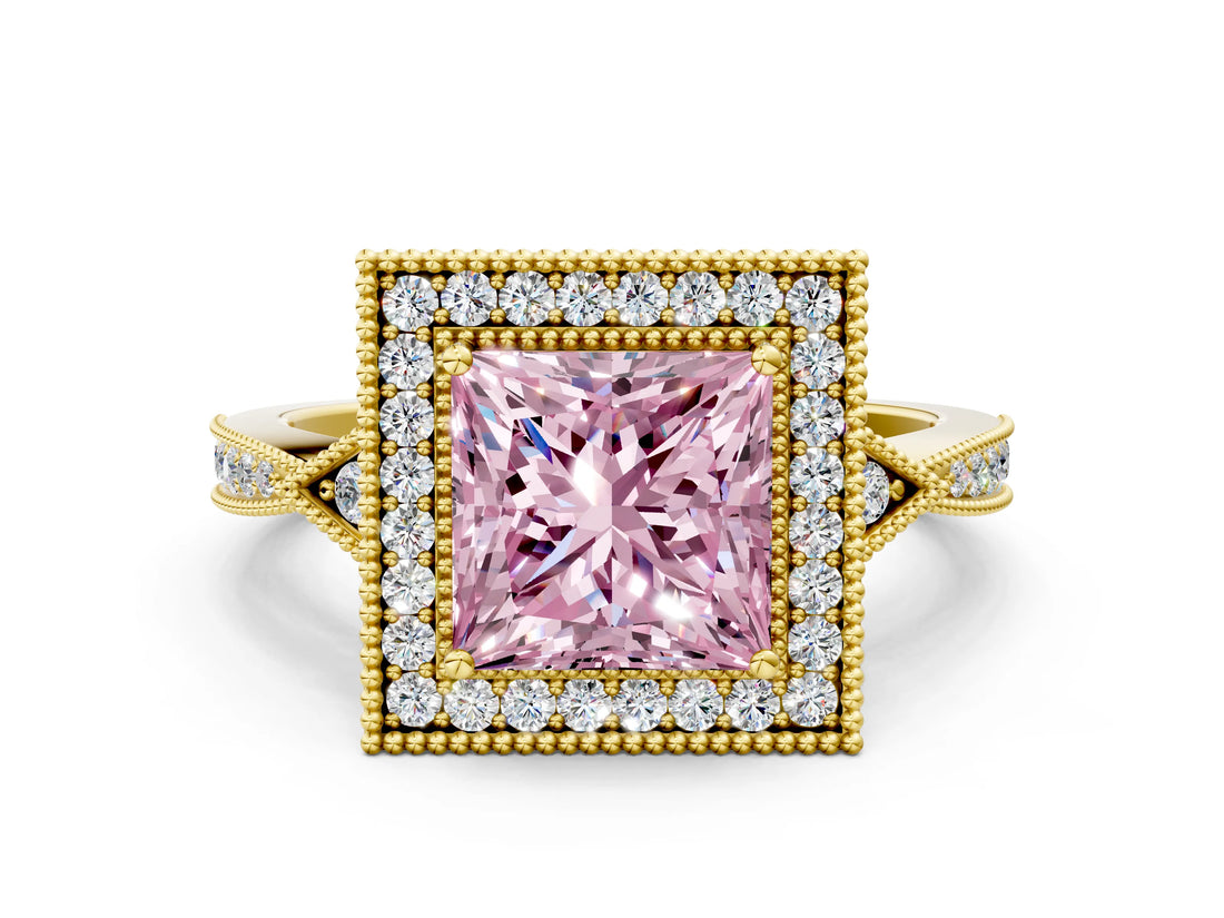 Yellow gold Fancy Pink Princess  Halo Round Diamond Milgrain Pave Engagement Ring_3