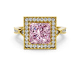 Yellow gold Fancy Pink Princess  Halo Round Diamond Milgrain Pave Engagement Ring_3
