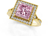 Yellow gold Fancy Pink Princess  Halo Round Diamond Milgrain Pave Engagement Ring_4