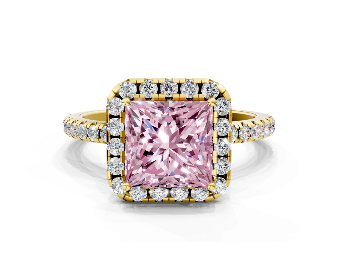 Yellow gold Fancy Pink Princess  Halo Round Diamond Pavé Band Four-Prong Ring_3