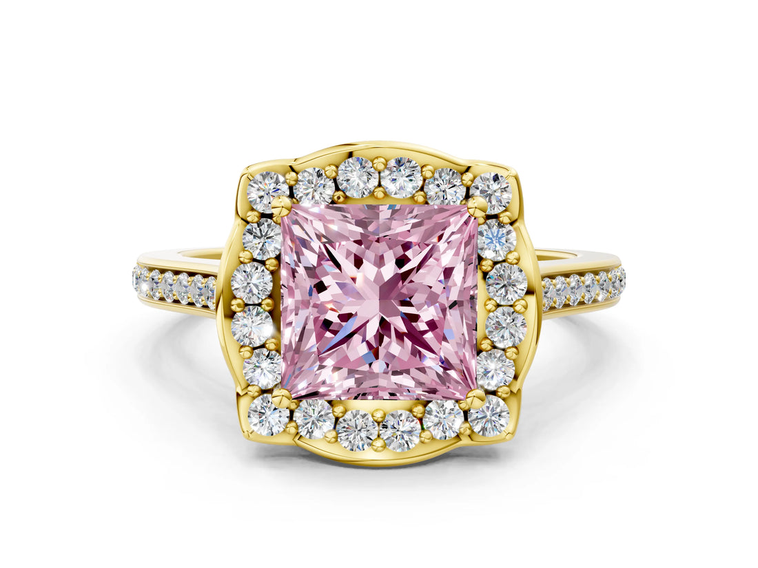 Yellow gold Fancy Pink Princess  Halo Round Diamond Pave Band with Four-Prong Setting_39