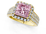 Yellow gold Fancy Pink Princess  Halo Round Diamond Pave Band with Prong Setting 1