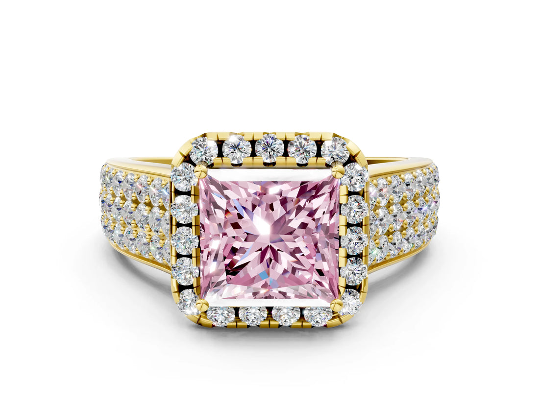 Yellow gold Fancy Pink Princess  Halo Round Diamond Pave Band with Prong Setting