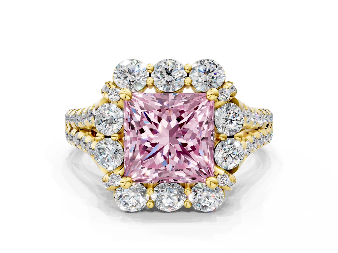 Yellow gold Fancy Pink Princess  Halo Split Shank Diamond Engagement Ring with Pave Band and Four-Prong Setting