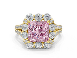 Yellow gold Fancy Pink Princess  Halo Split Shank Diamond Engagement Ring with Pave Band and Four-Prong Setting