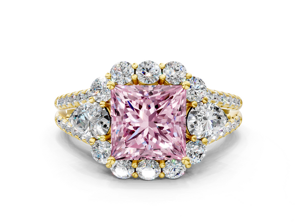 Yellow gold Fancy Pink Princess  Halo Split Shank Diamond Engagement Ring with Prong Setting