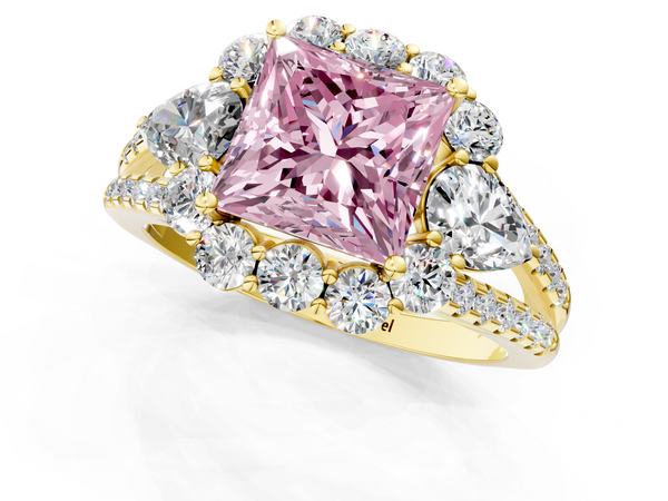 Yellow gold Fancy Pink Princess  Halo Split Shank Diamond Engagement Ring with Prong Setting
