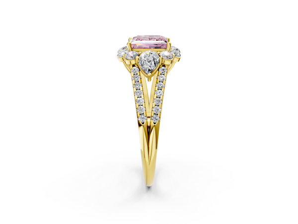 Yellow gold Fancy Pink Princess  Halo Split Shank Diamond Engagement Ring with Prong Setting