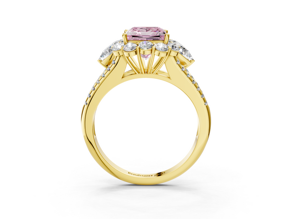 Yellow gold Fancy Pink Princess  Halo Split Shank Diamond Engagement Ring with Prong Setting