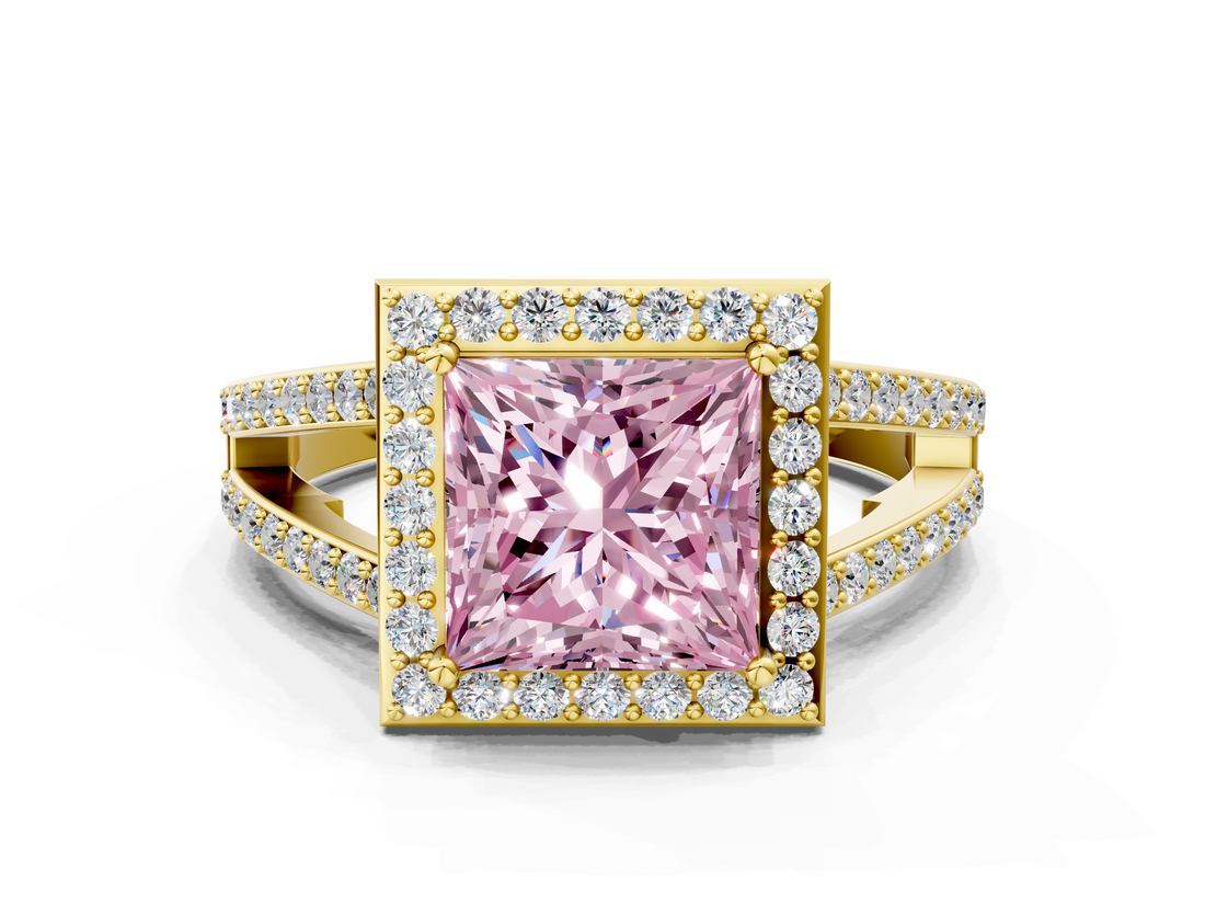 Yellow gold Fancy Pink Princess  Halo Split Shank Diamond Ring with Four-Prong Setting