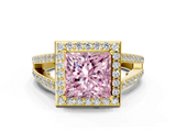 Yellow gold Fancy Pink Princess  Halo Split Shank Diamond Ring with Four-Prong Setting