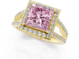 Yellow gold Fancy Pink Princess  Halo Split Shank Diamond Ring with Four-Prong Setting_1