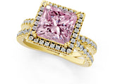 Yellow gold Fancy Pink Princess  Halo Split Shank Diamond Ring with Pavé Setting 1