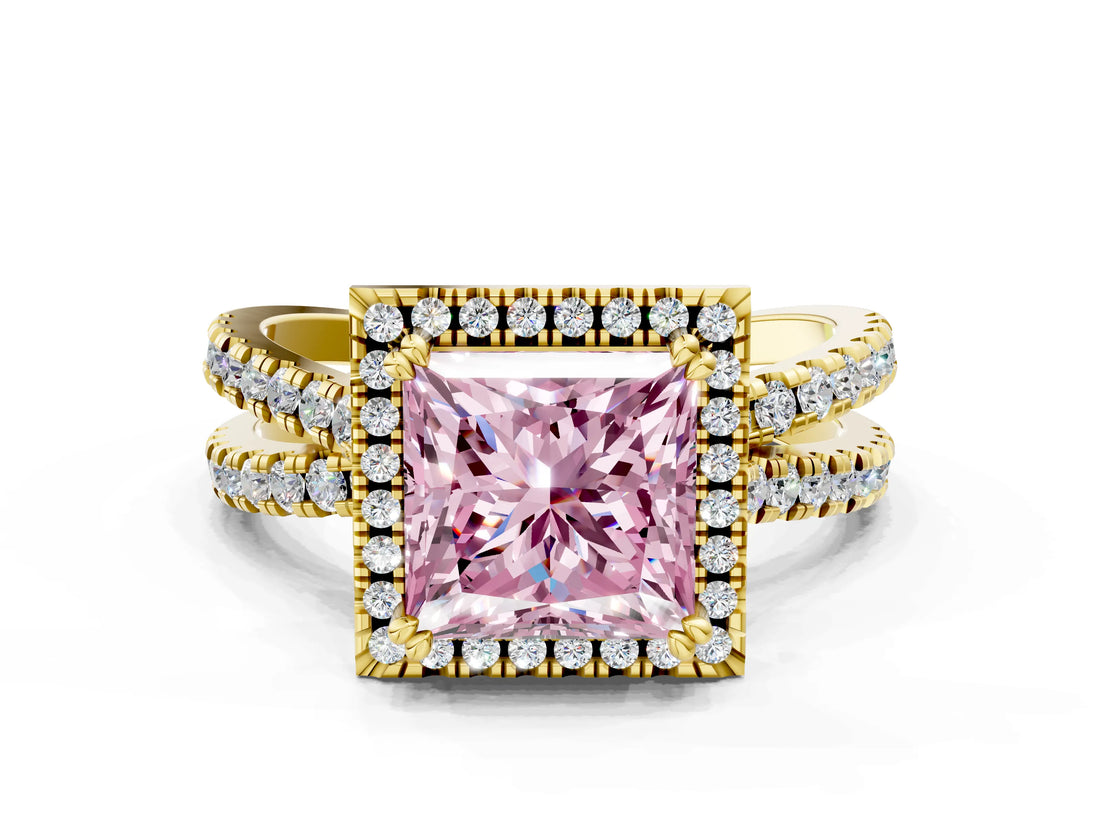 Yellow gold Fancy Pink Princess  Halo Split Shank Diamond Ring with Pavé Setting