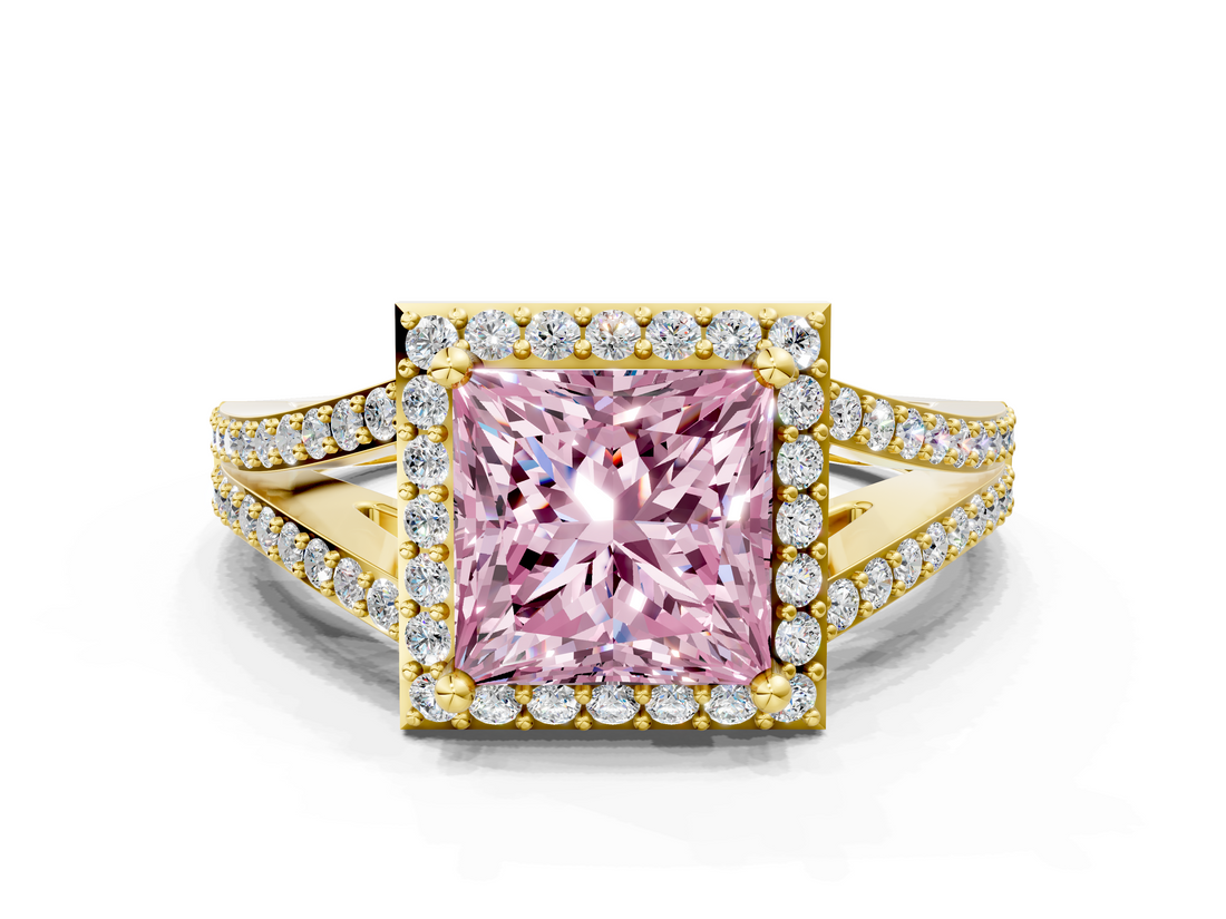 Yellow gold Fancy Pink Princess  Halo Split Shank Diamond Ring with Prong Setting