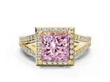 Yellow gold Fancy Pink Princess  Halo Split Shank Diamond Ring with Prong Setting
